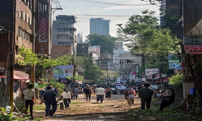不良研究所田野研究现场：研究员在城中村街道拍摄记录，周围是密集的招牌与行人，真实的城市边缘生活场景